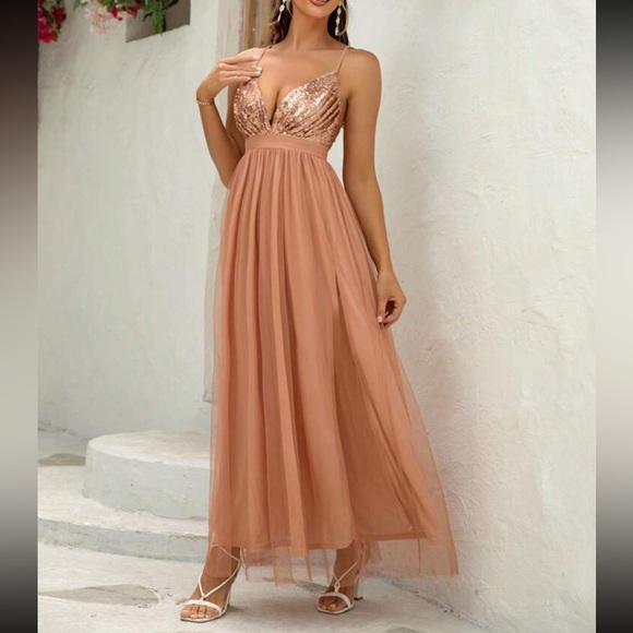 Luxe champagne sequins open back party formal evening wedding gown dress - Picture 4 of 6